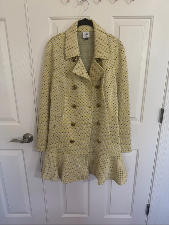 CAbi Jackets & Blazers - CAbi Hobnob Topper - Yellow Patterned Double-Breasted Peacoat with Ruffle Hem